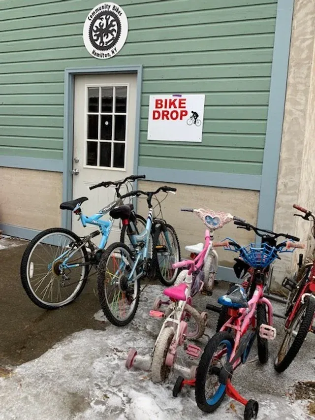 Donated bikes outside the Community Bikes bike drop